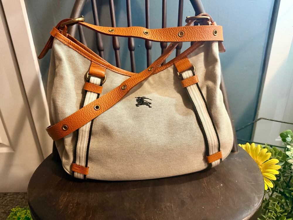 Vintage Burberry Blue Label Canvas & Cognac Leather Shoulder / Crossbody Bag